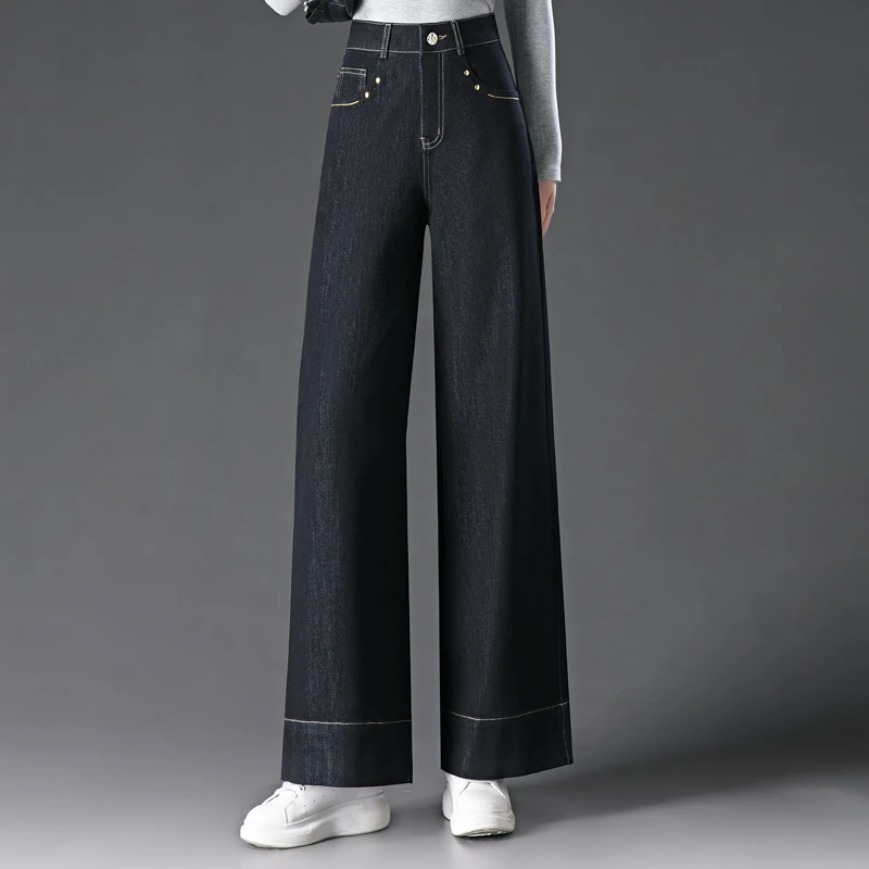 不掉色窄版阔腿裤牛仔裤女2025春秋季新款高腰明线水洗宽松直筒裤