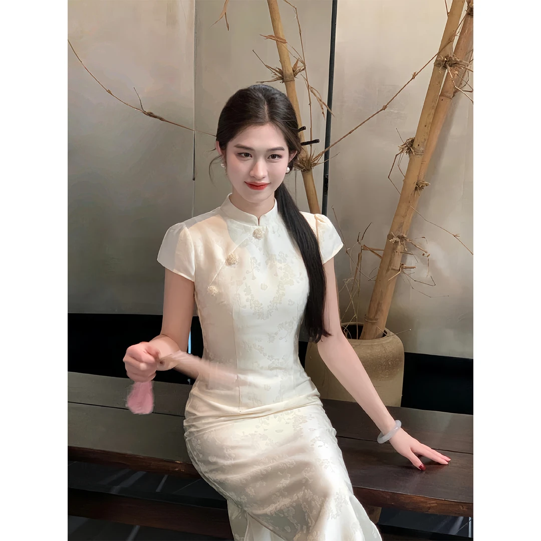 凌茜恣禾【桃夭绣】国风新中式粉色提花连衣裙女气质收腰改良旗袍裙