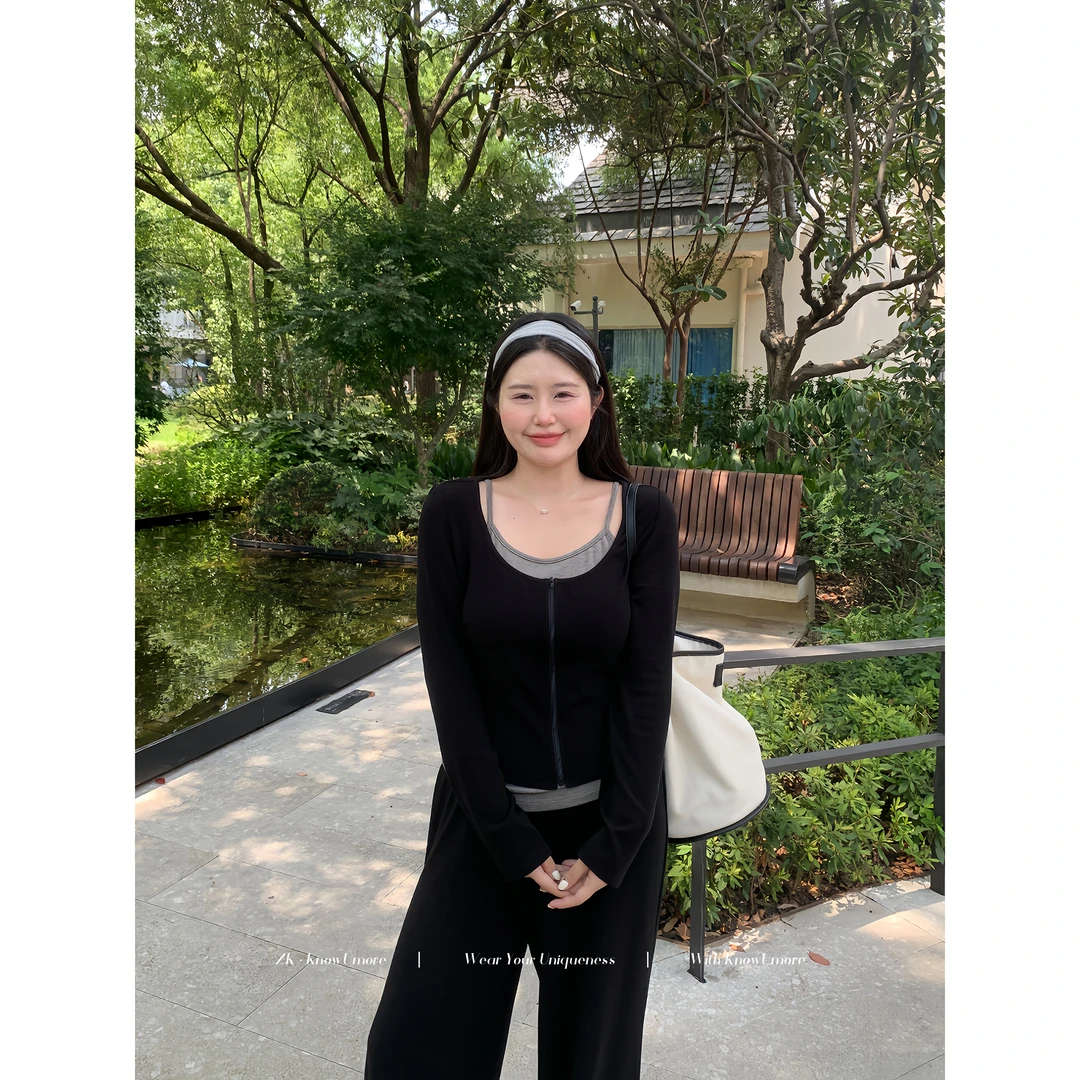 知葵微胖定制【素颜套装】初秋韩系休闲真两件上衣套装12253TZ3455