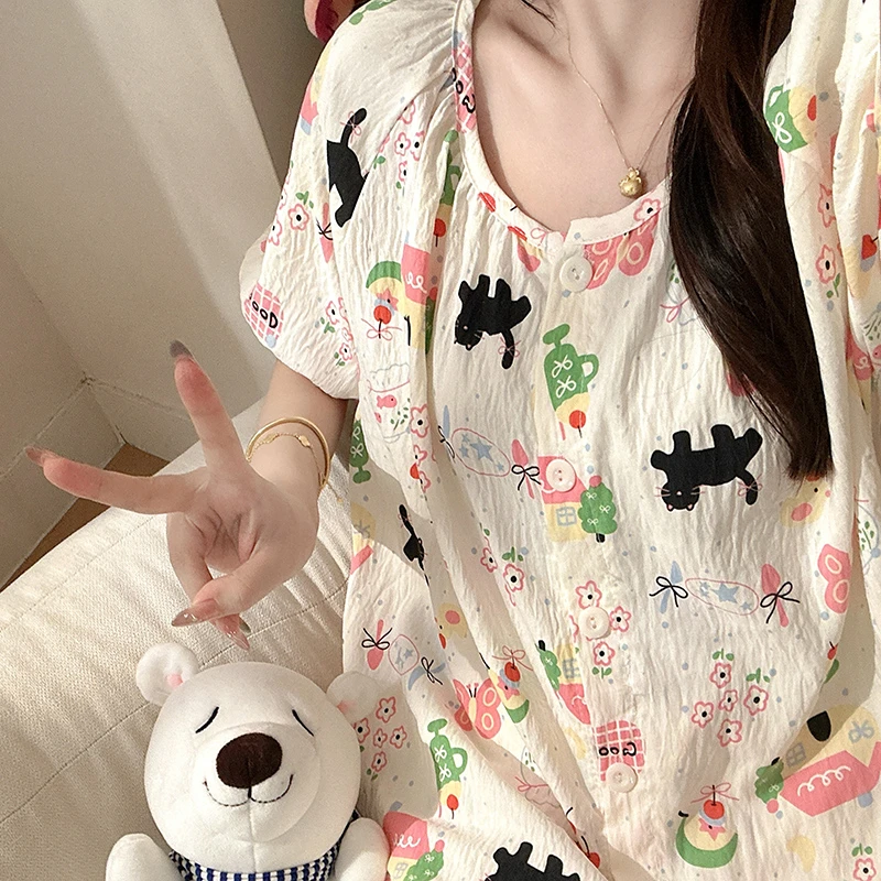 夏日黑猫韩版三件套ins睡衣女夏款泡泡棉短袖短裤长裤卡通家居服