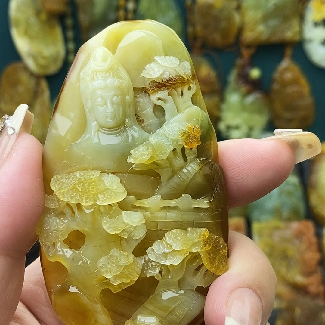 未镶嵌蛇纹石玉颈饰山水观音