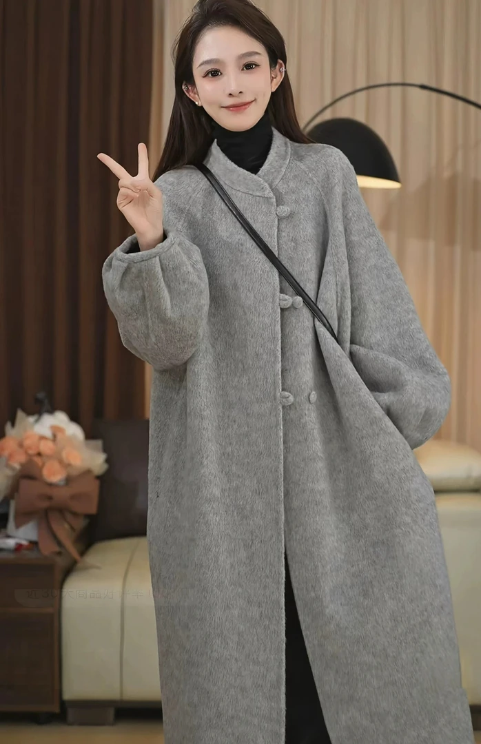 高级感灰色慵懒风双面羊毛大衣女2025秋冬新款宽松长款毛呢外套