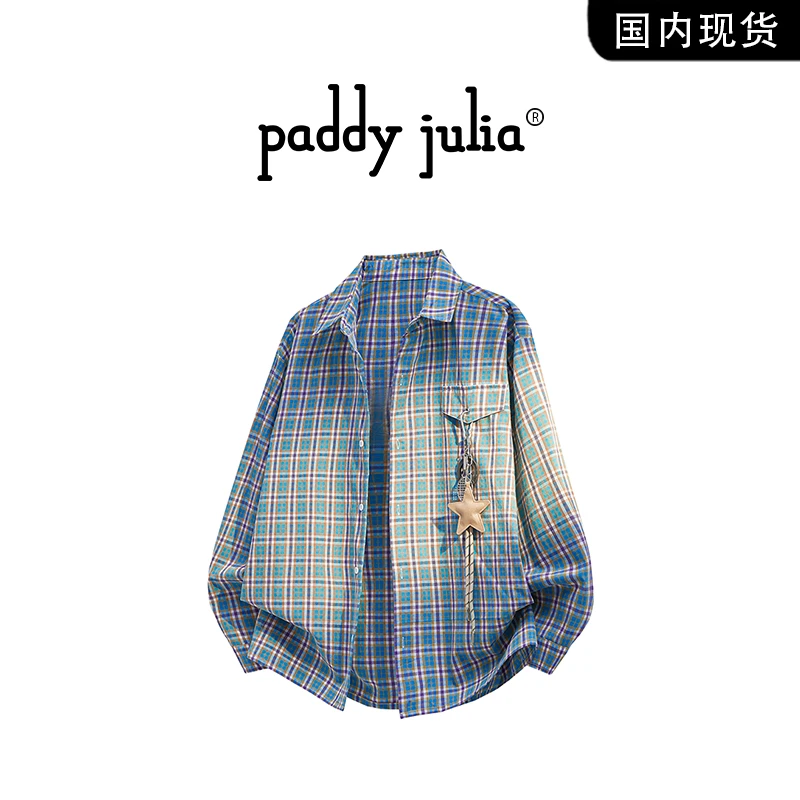 Paddy julia复古格纹衬衫男款秋季小众装饰挂件设计感高级感外套