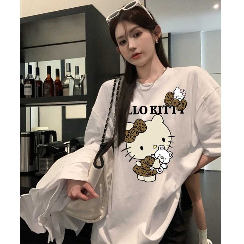 2025港风ins潮牌KT猫印花宽松百搭T恤休闲女装上衣圆领高级感半袖