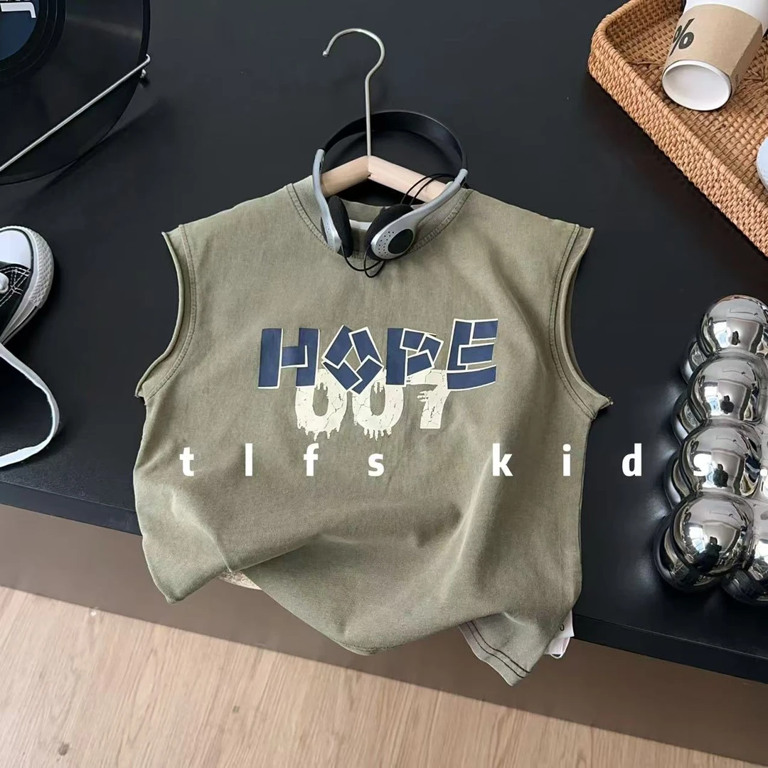 童例「25248坎肩绿字母背心」夏季透气无袖儿童上衣男童女童百搭潮