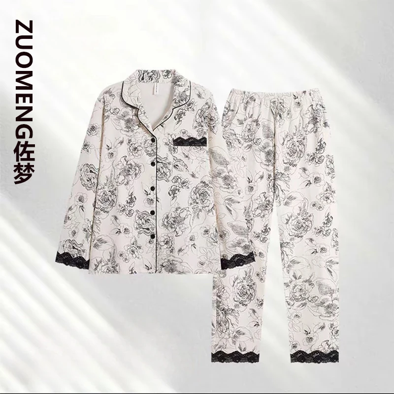 zuomeng/佐梦春秋款睡衣女水墨画国风纯棉宽松长袖长裤家居服套装