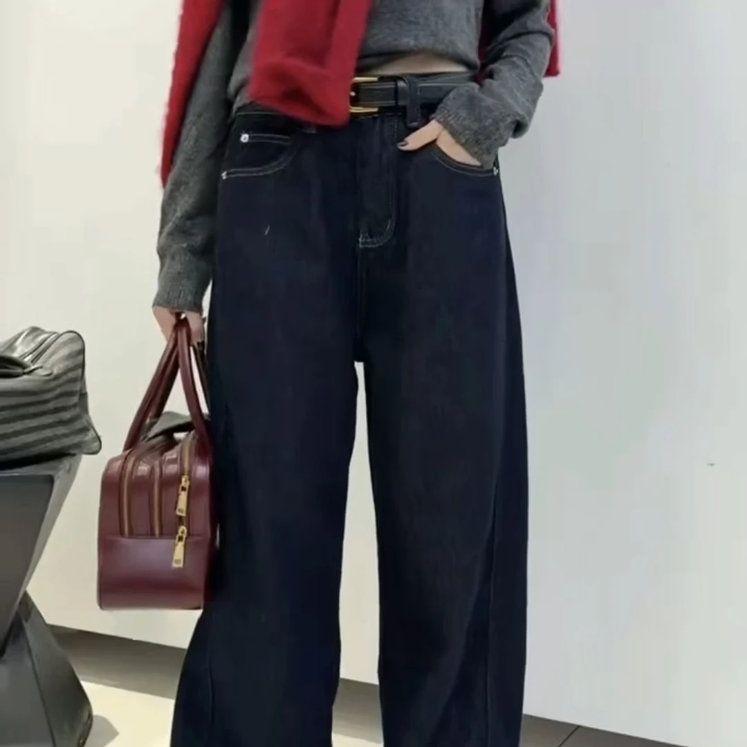 秋季显瘦显腿长复合绒复古牛仔阔腿裤