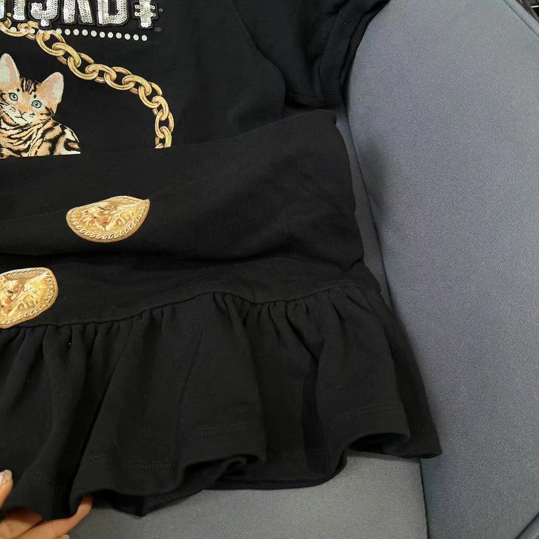 EH 潮牌女款猫咪印花休闲短袖连衣裙