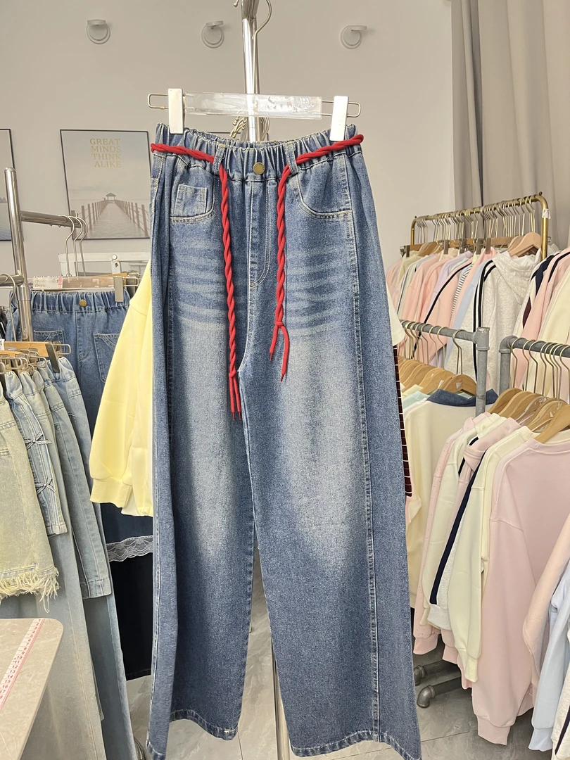 A004风高腰纯色牛仔裤水洗直筒百搭宽松女童女大童学生