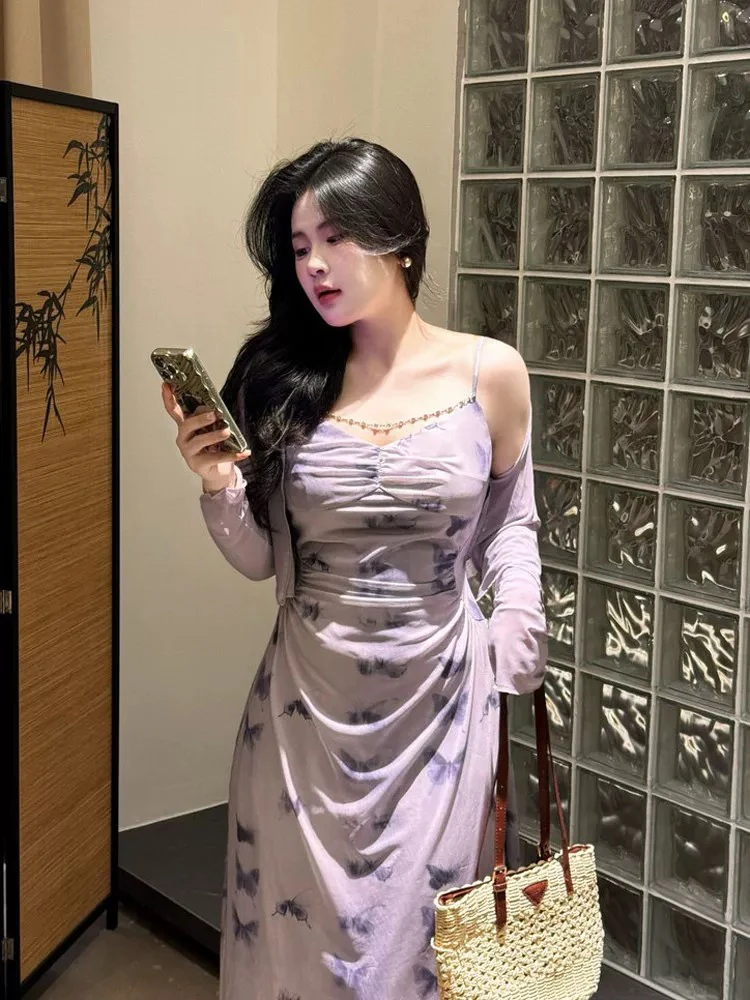依依家大码女装22617夏季韩版印花网纱纯欲吊带度假连衣裙外披