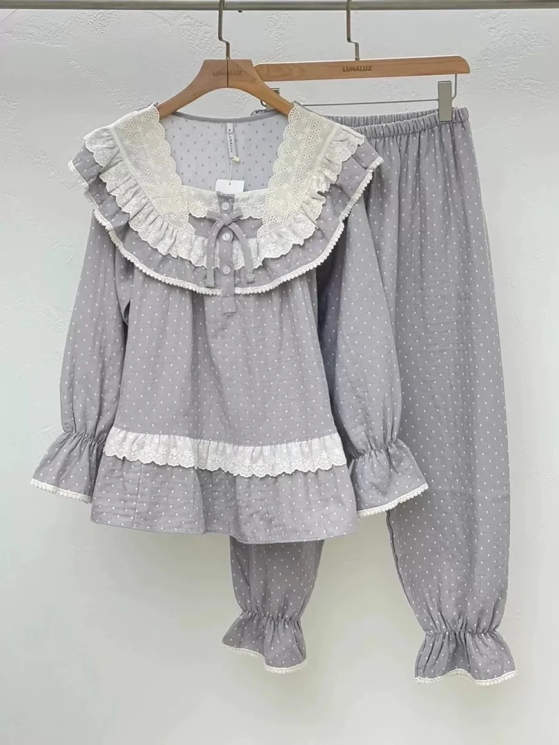 【树下优品】韩国LUNALUZ新款纯棉甜美刺绣甜美家居服长袖裤套装