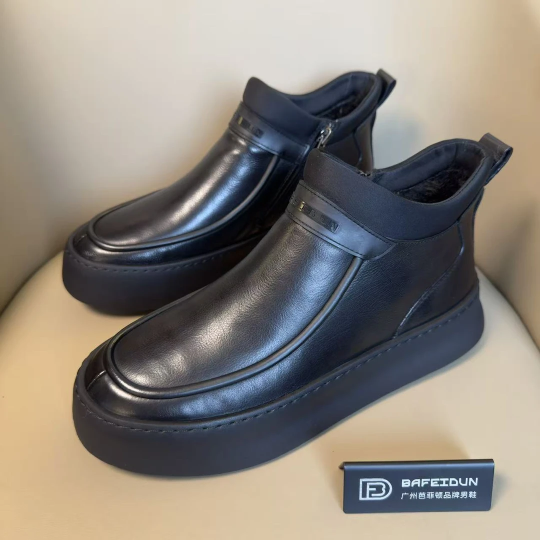 广州手工皮鞋秋冬新款厚底男鞋拉锁一脚蹬厚底棉鞋0681-1003