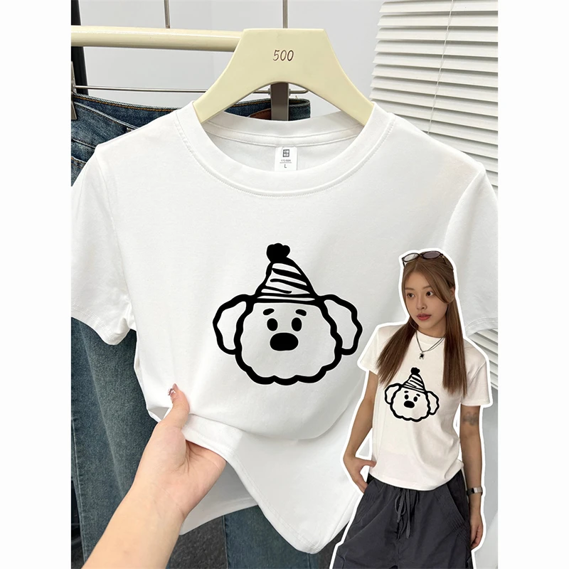 小狗简约印花修身短袖t恤衫女装显瘦有弹力设计感正肩外穿棉上衣
