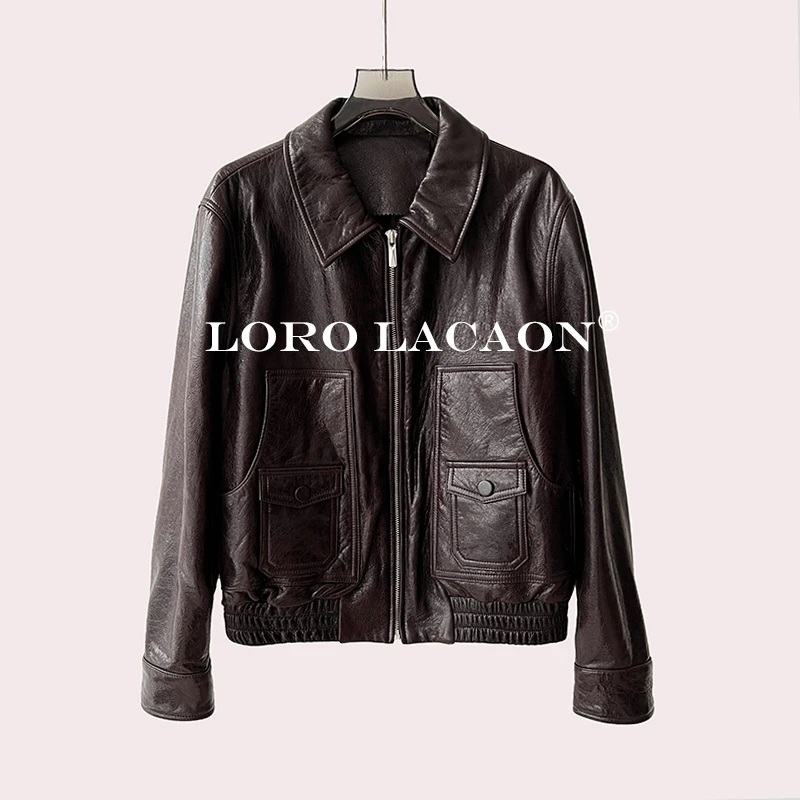 以赛亚 柏林漫旅 秋冬复古短款方领拉链机车油蜡皮真皮皮衣女7703