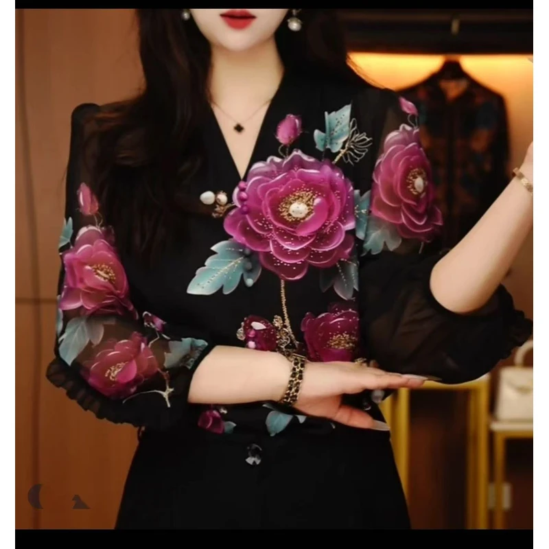 【牡丹花】七分袖V领显瘦小衫新款高端定位印花气质百搭女衬衣2179