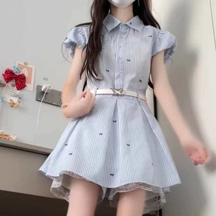 韩系穿搭夏季新款小个子蓝色条纹衬衫连衣裙子女气质收腰短裙