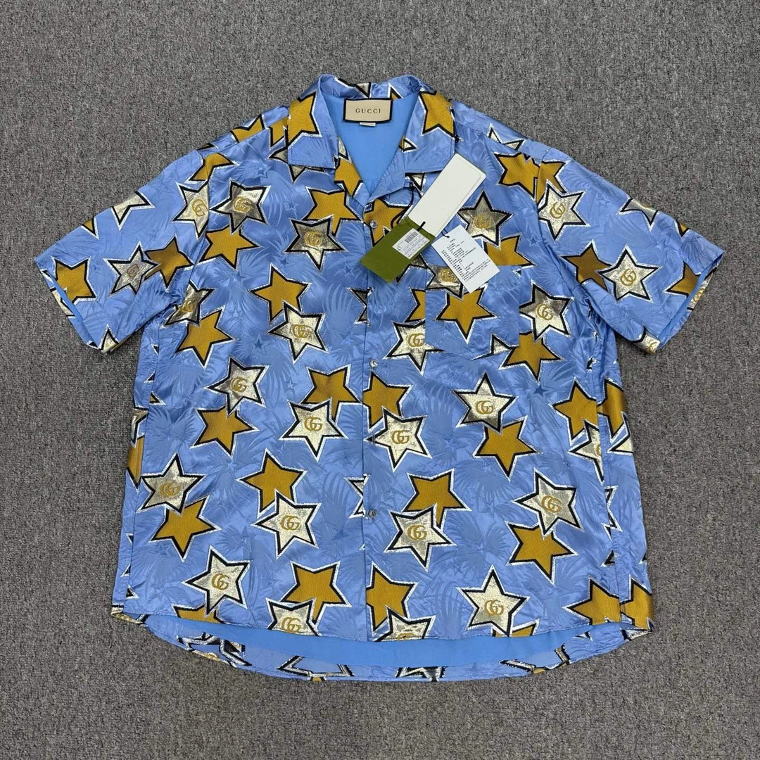 未使用 GUCCI/古驰 15267180 蓝色双G满印短袖衬衫 带吊牌50码