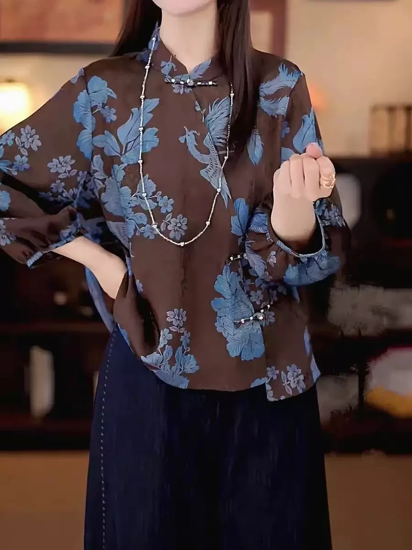 凤凰 时尚印染拼接常规花纹常规款夏季斜襟长袖上衣小衫时尚百搭