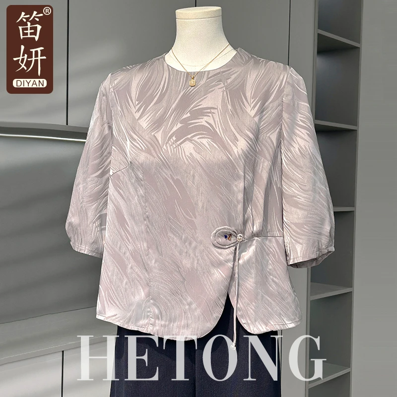 中年妈妈夏装2025新款洋气雪纺短袖小衫中老年女装新中式T恤上衣