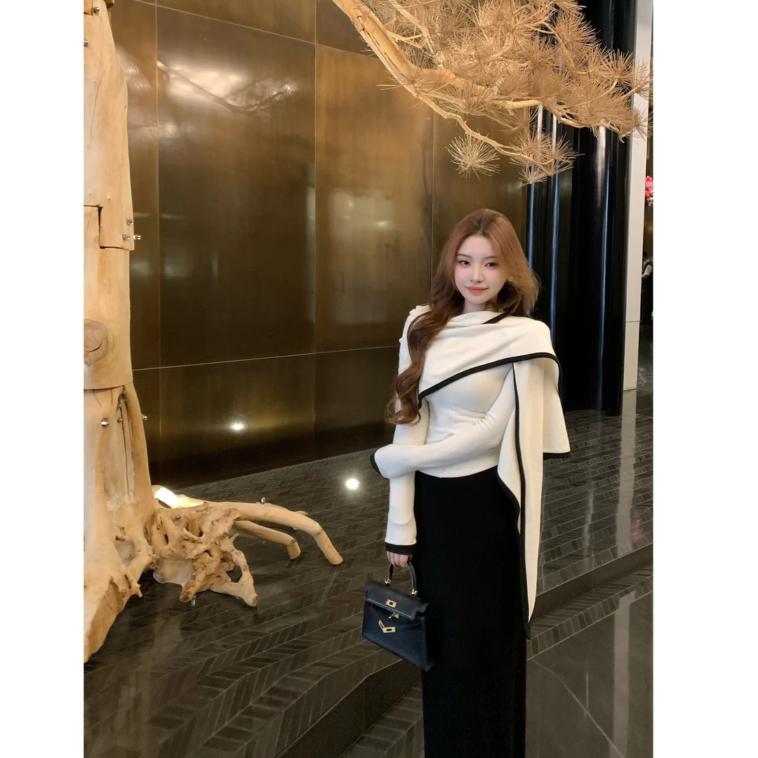 SZA【银座女孩】秋季新款韩系穿搭设计感针织衫+披肩两件套A-2293