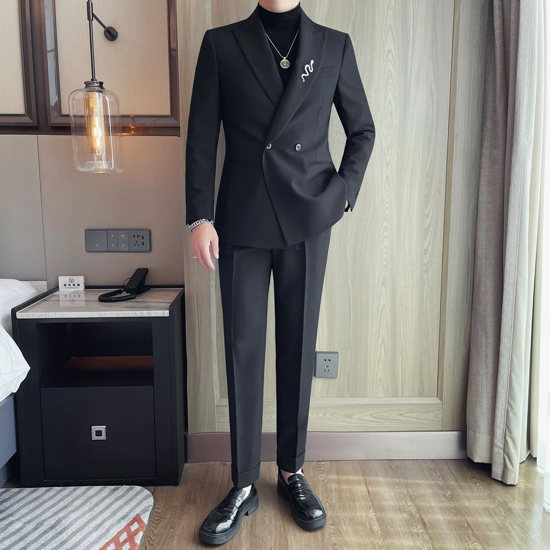 猎撒男士西装套装高级感2025新款戗驳领双排西服修身雅痞两件外套