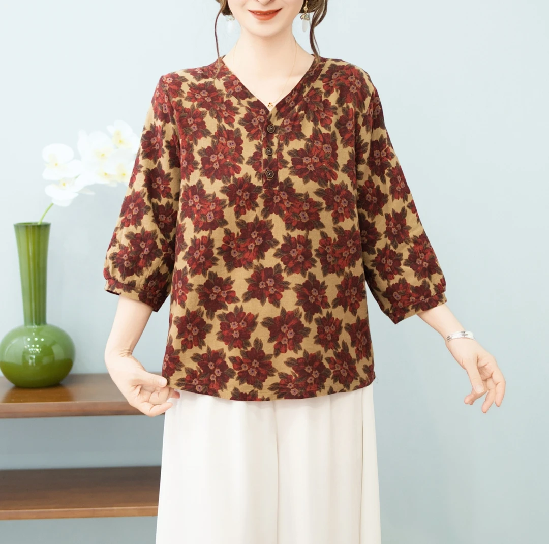 新中式七分袖V领印花中国风T恤中袖宽松洋气气质法式