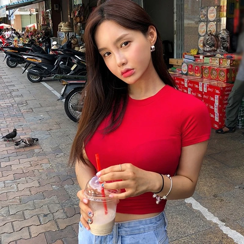 韩国女装气质舒适薄款性感柔软紧身显胸短款露脐短袖T恤上衣女