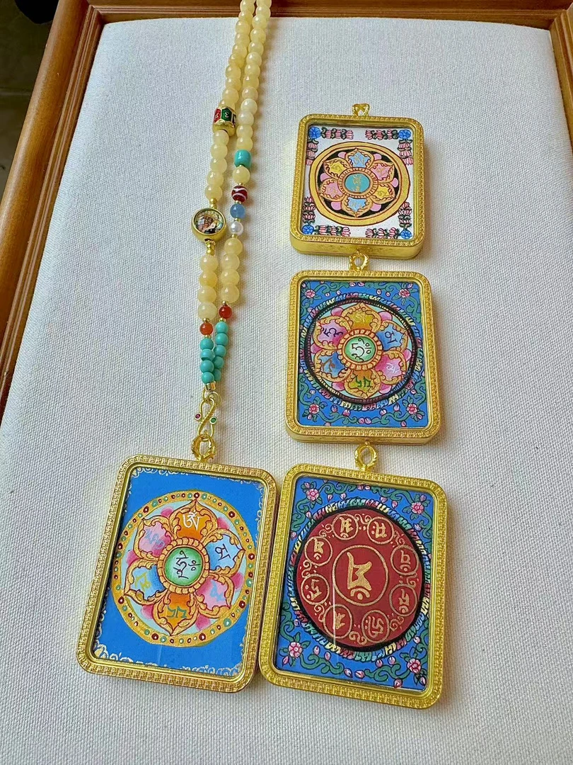 【灰姑娘原创】手绘六字真言彩金药师佛双面大方牌M3157