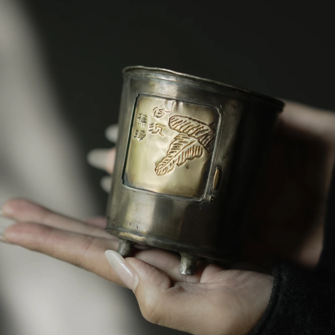 锡建水黄铜雕刻茶洗茶道零配茶渣桶水盂复古文玩摆件