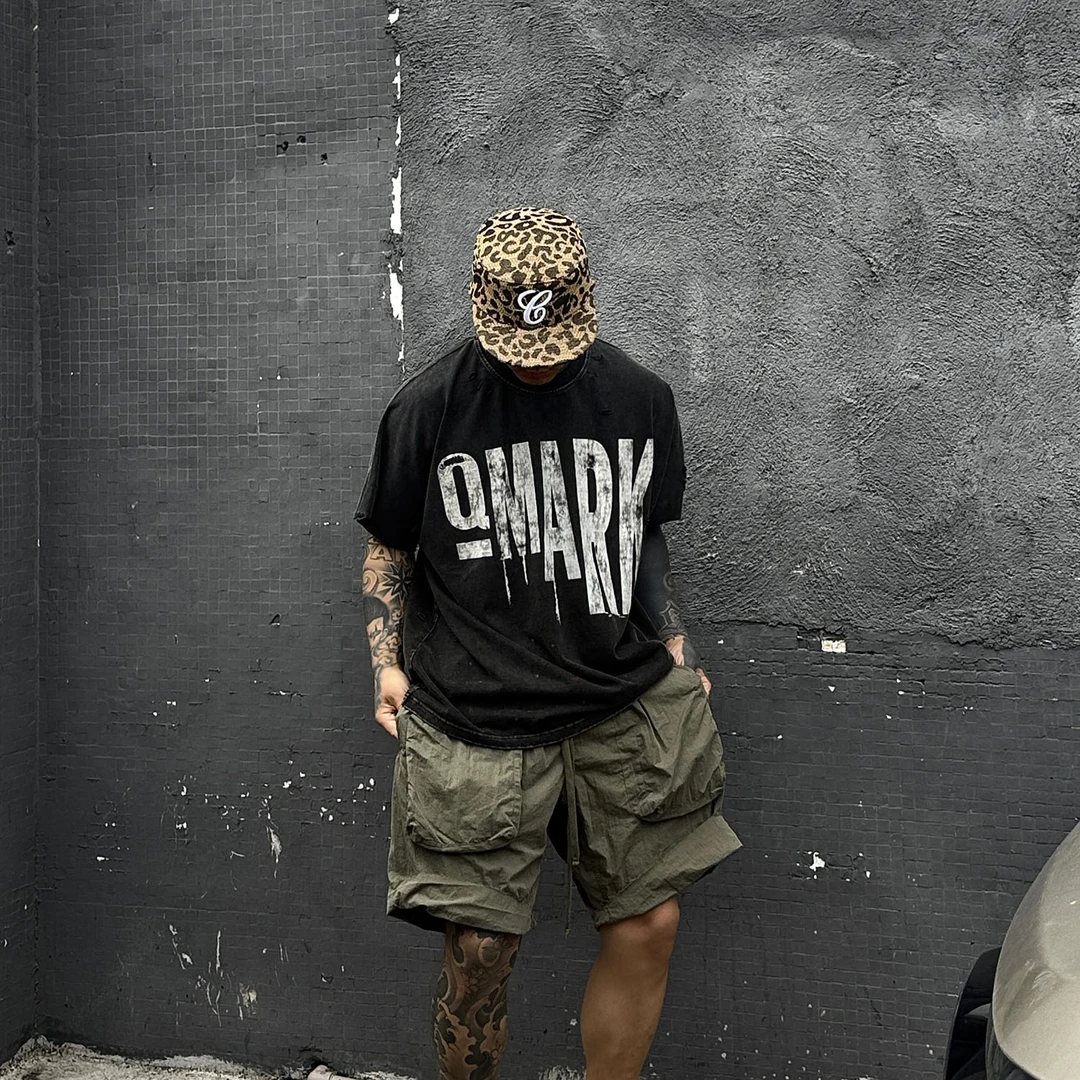 白鹤大人 美式做脏做旧字母涂鸦破洞短袖T恤男慵懒风宽松体恤上衣