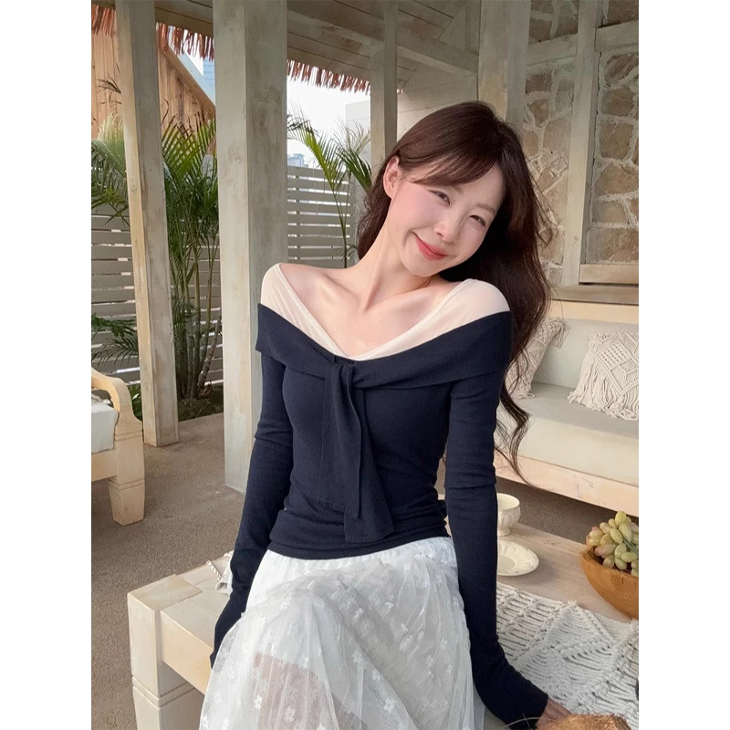 【金咕咕】设计感网纱拼接一字肩T恤女装春季气质小众chic露肩上衣