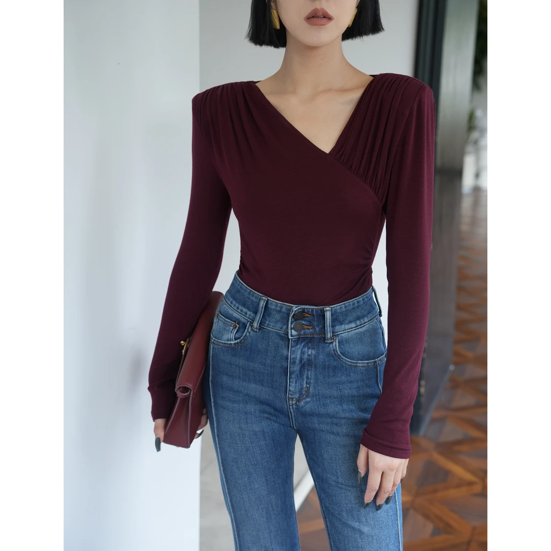 【糯糯T】时装裁剪设计斜领百搭羊毛莱赛尔超糯肤感弹力长袖打底衫