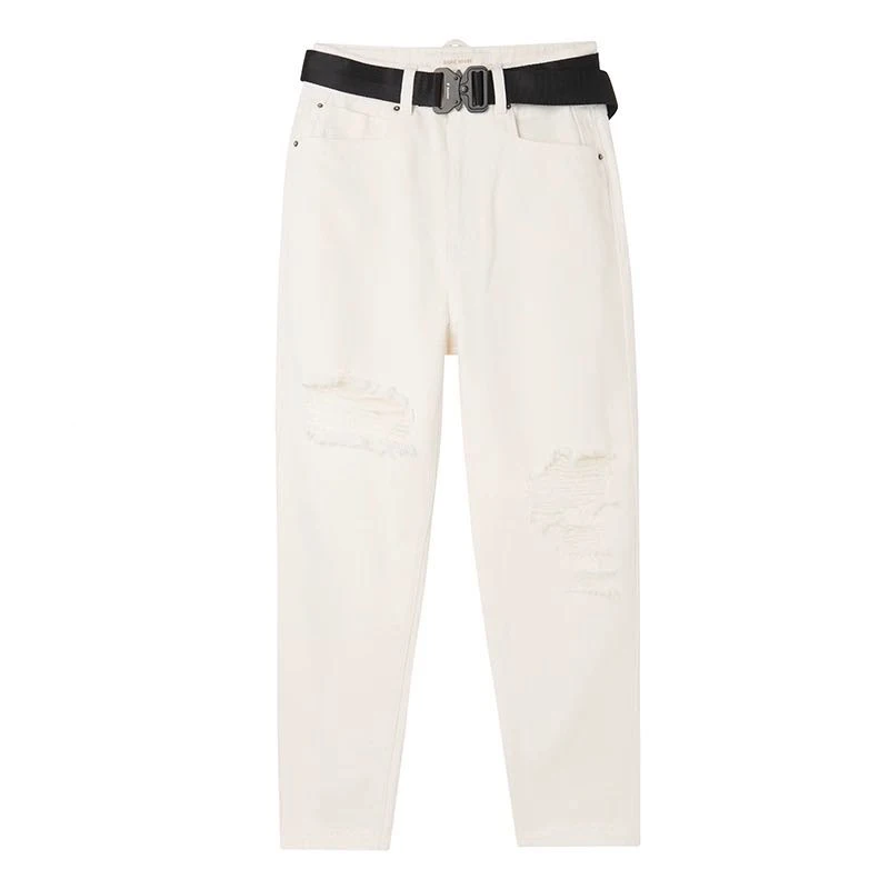 百家白色牛仔破洞裤6069