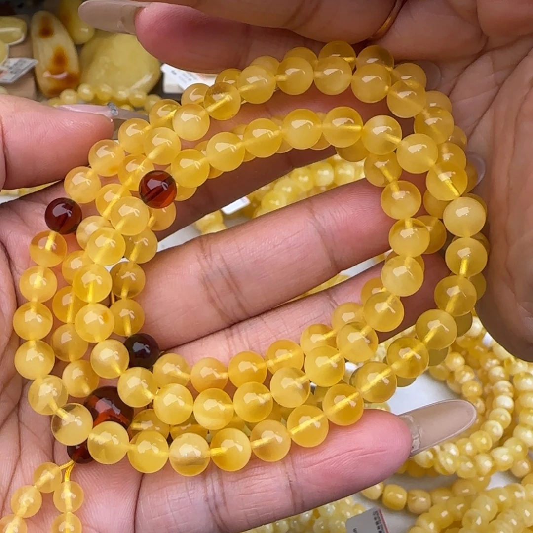 蜜蜡未镶嵌手链鸡油黄佛珠