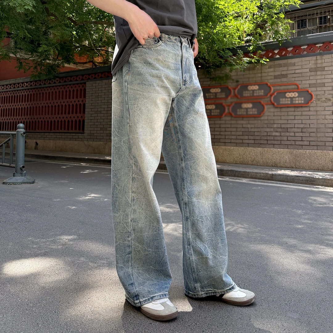 蓝色水洗复古闪电牛仔裤男生2025新款cleanfit拖地百搭长裤子潮流