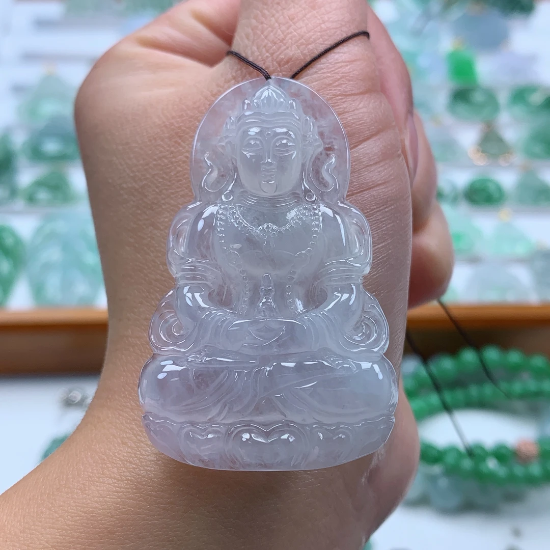 缅甸天然翡翠A货大件冰种起胶渡母菩萨守护神吊坠 尺寸：52*33*5.6
