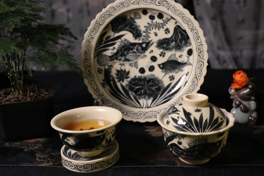 景德镇陶瓷幽蓝溪堂原矿青花茶具茶杯二号釉鱼藻画片茶器四件套组