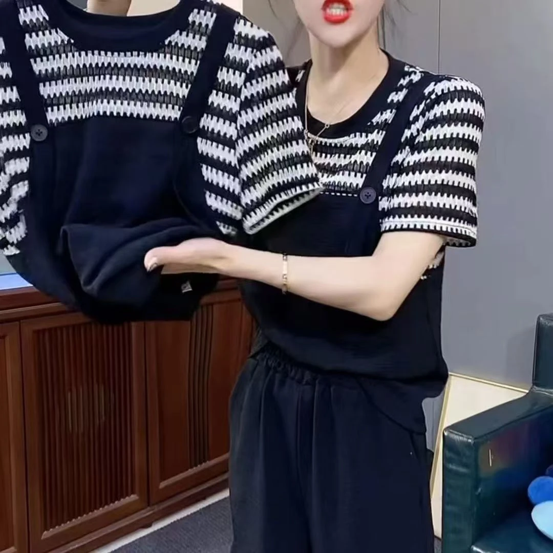 网红街头风针织短袖休闲风时尚套装百搭显瘦