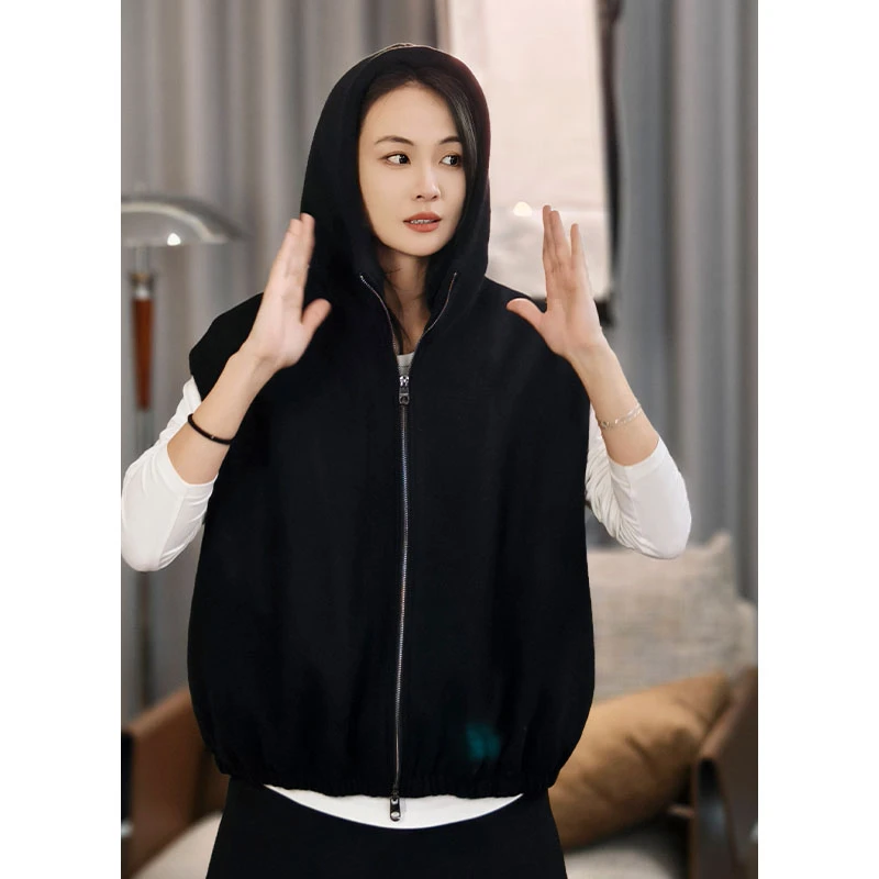 美洋MEIYANG 半岛毛呢马甲 绵羊毛混纺|宽松连帽百搭叠穿马夹上衣