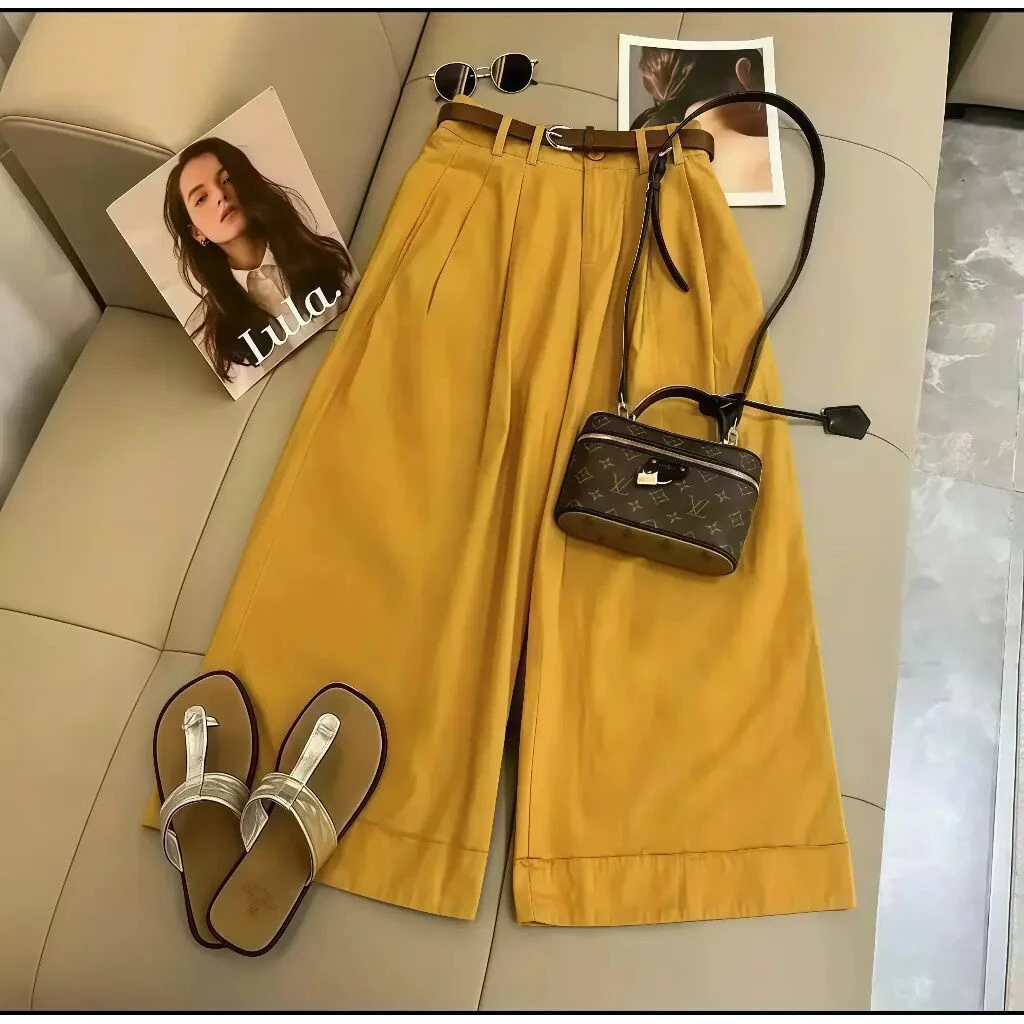 【带腰带】2025年夏季新款拼接直筒宽松高腰显瘦休闲百搭阔腿裤