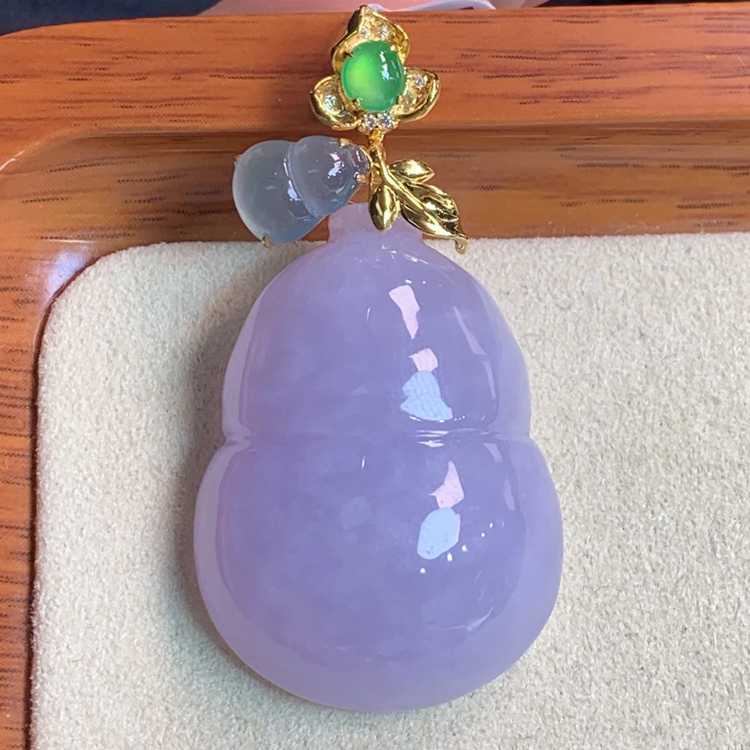 天然缅甸A货翡翠18k金浓紫罗兰葫芦吊坠j整46裸石33/24.8/11.6mm