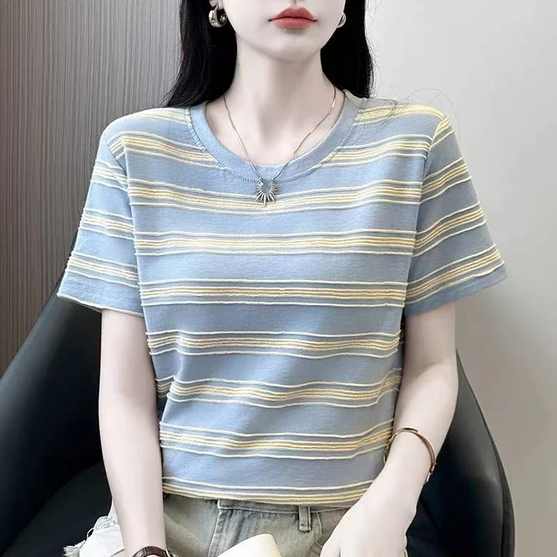 洋气清新立体感条纹撞色夏季松身女款圆领短袖T恤简约大气百搭