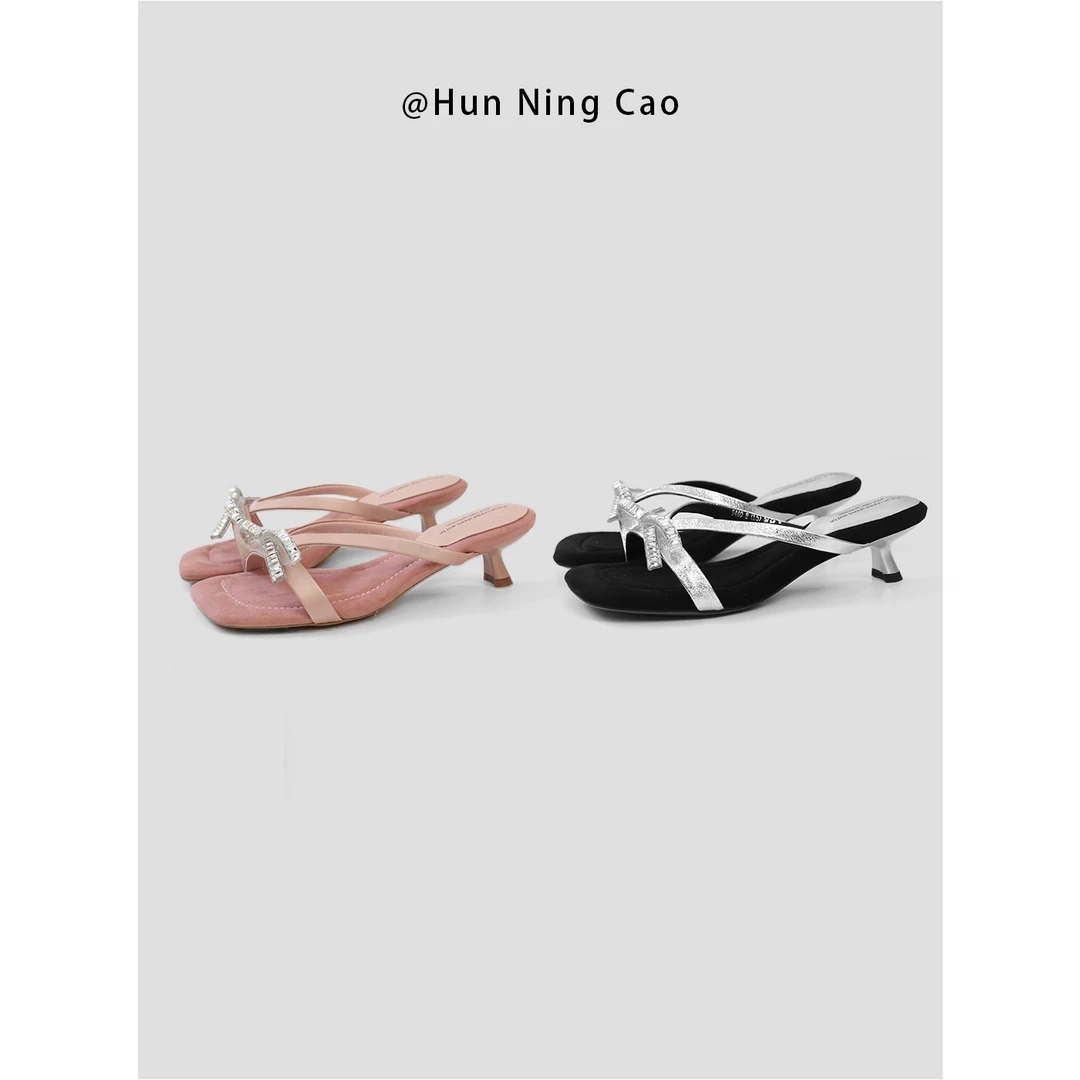 混凝草2025年新款蝴蝶结方头高跟凉拖鞋