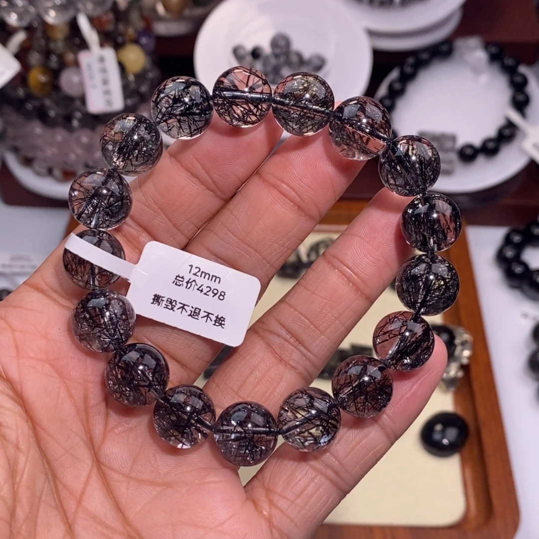 水晶手链未镶嵌黑发晶全透体粗发蕾丝12mm毕业级
