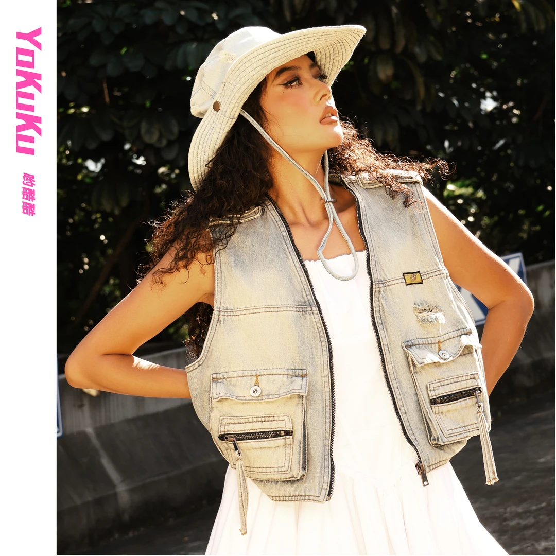 哟酷酷（盔甲骑士）美式复古渐变水洗叠穿无袖开衫拉链百搭牛仔马甲