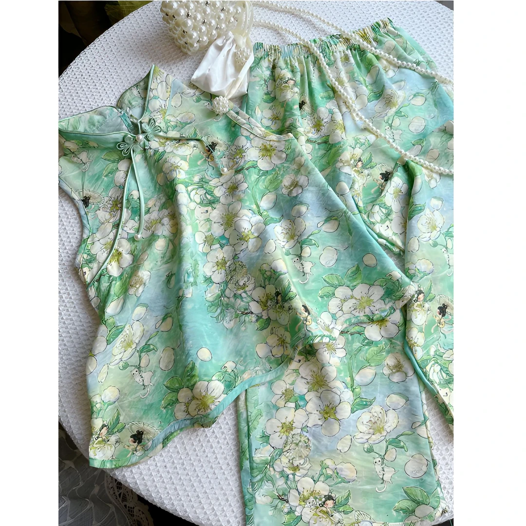 新中式女童竹棉棉绸套装夏季2025新款时髦夏装女宝两件套长裤儿童