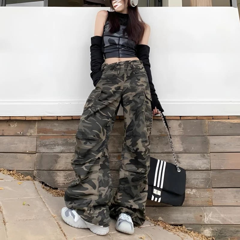 迷彩工装阔腿牛仔裤女2025春季新款美式百搭高腰显瘦长裤子蛮腰纪