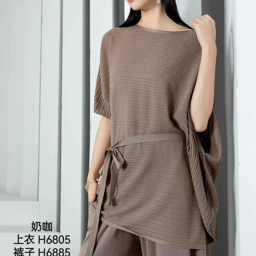 春夏新品螺纹设计宽松大码纯色中长款针织衫优雅气质柔软上衣6805