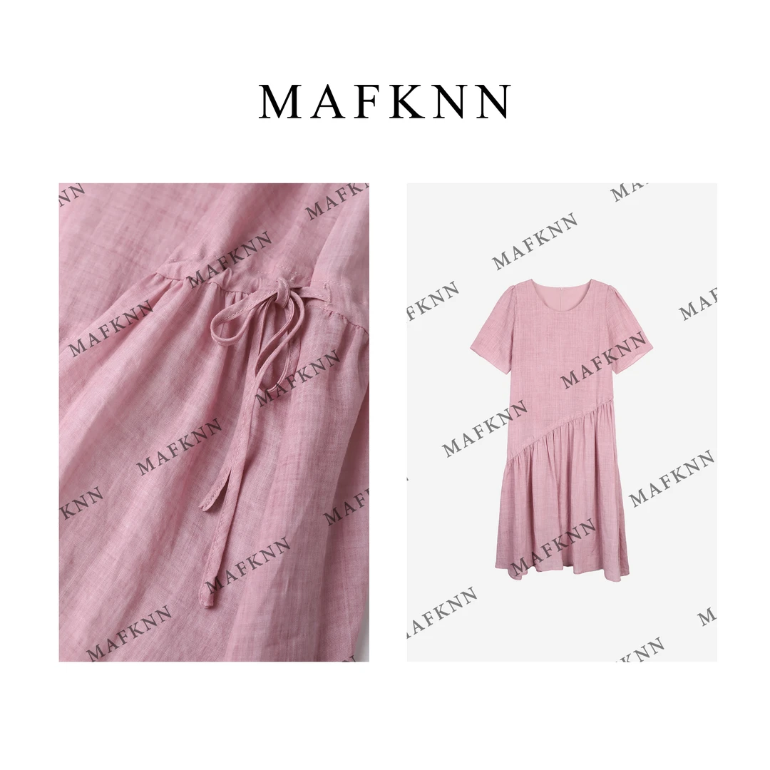 MAFKNN/玛肯时尚休闲简约纯色百搭绑带圆领夏季连衣裙MK12301