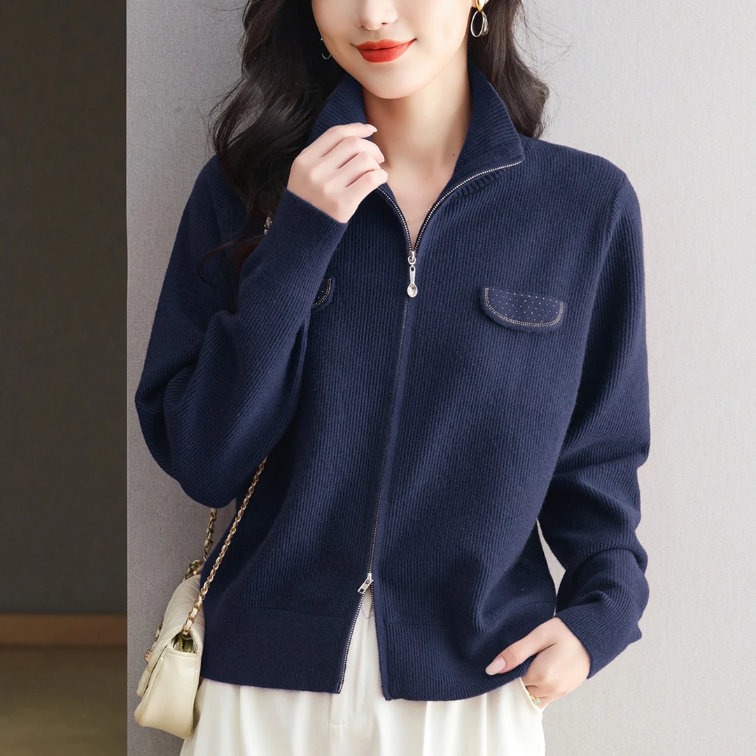 立领双拉链针织开衫春秋短款高级感女装2025新款翻领毛衣外套洋气